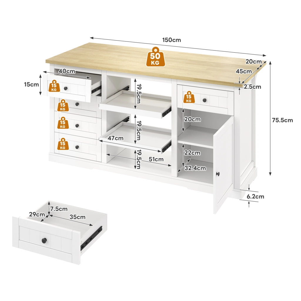 Isola cucina 150x65x75;5 cm in MDF bianco naturale con 5 cassetti e prese USB