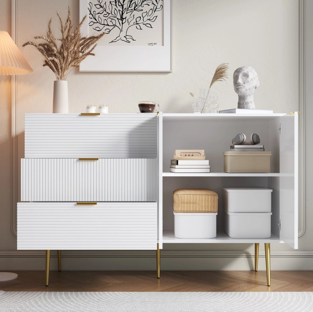 Sideboard con 3 cassetti; 2 porte e ripiani interni in MDF bianco e oro 120x38x80;5 cm