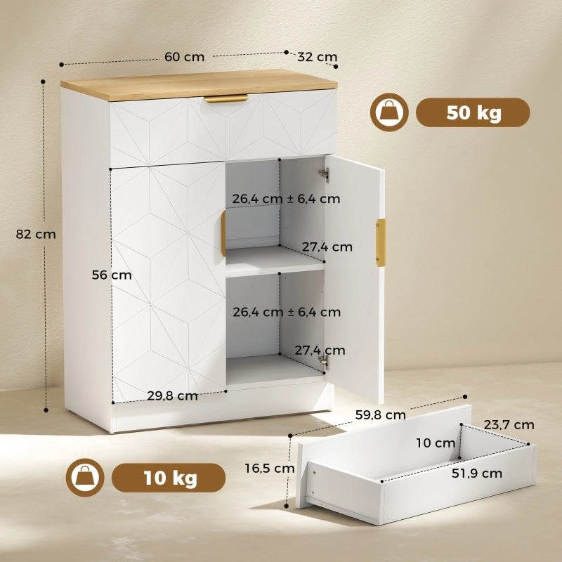 Credenza e madia con cassetto e ripiani regolabili, per soggiorno e ingresso, bianco naturale, 82 × 60 × 32 cm