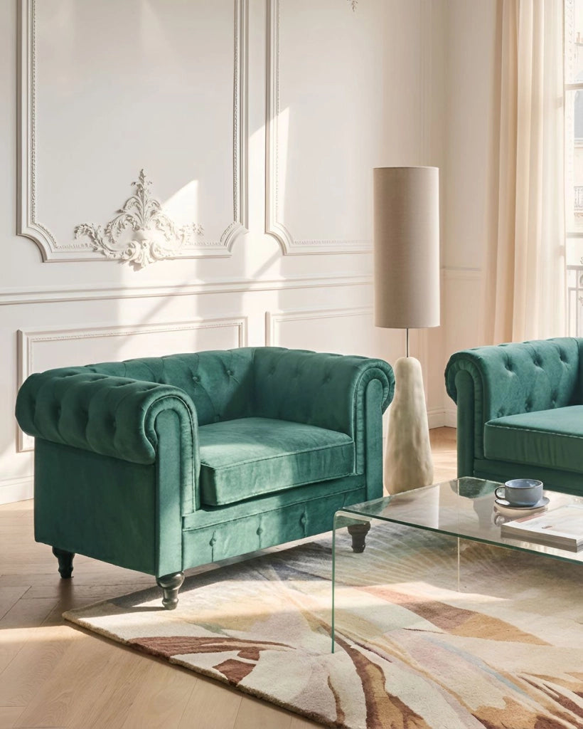Poltrona Chesterfield Tessuto Velluto Verde Rivestimento Gambe Legno Scuro Contemporaneo
