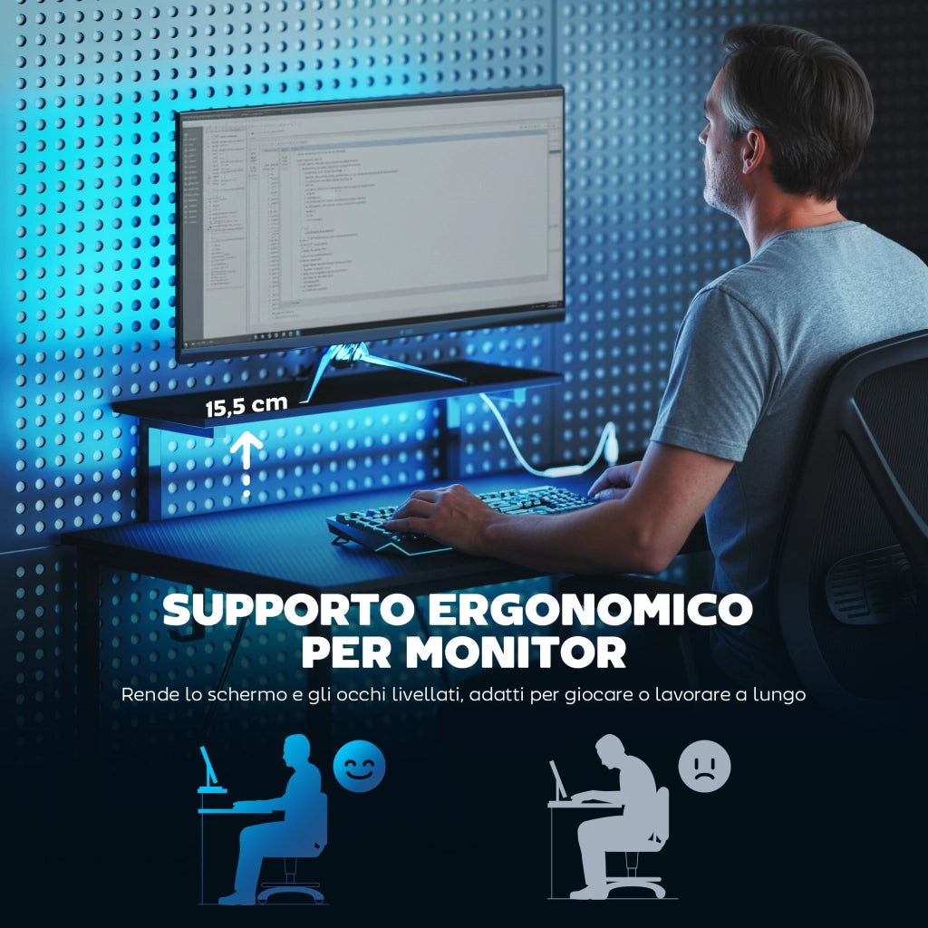 Scrivania Gaming Angolare con LED, Prese Elettriche, Supporto per Monitor e Scaffale, Nero