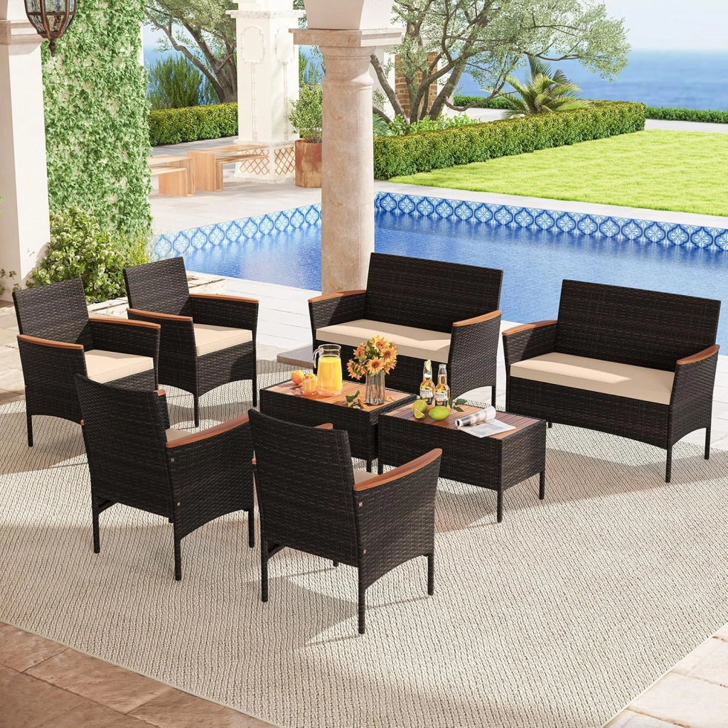 Salotto da Giardino Esterno 4 Pezzi in Rattan, Set da Conversazione da Esterno con 1 Tavolino Basso, 1 Divanetto e 2 Sedie, Cuscini Sfoderabili, per Patio, Balcone, Piscina