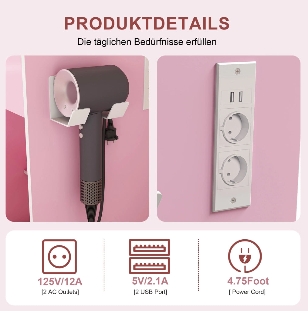 Tavolo da trucco con specchio LED a 3 tonalità; presa e supporto phon; rosa; 60 x 38 x 131;5 cm