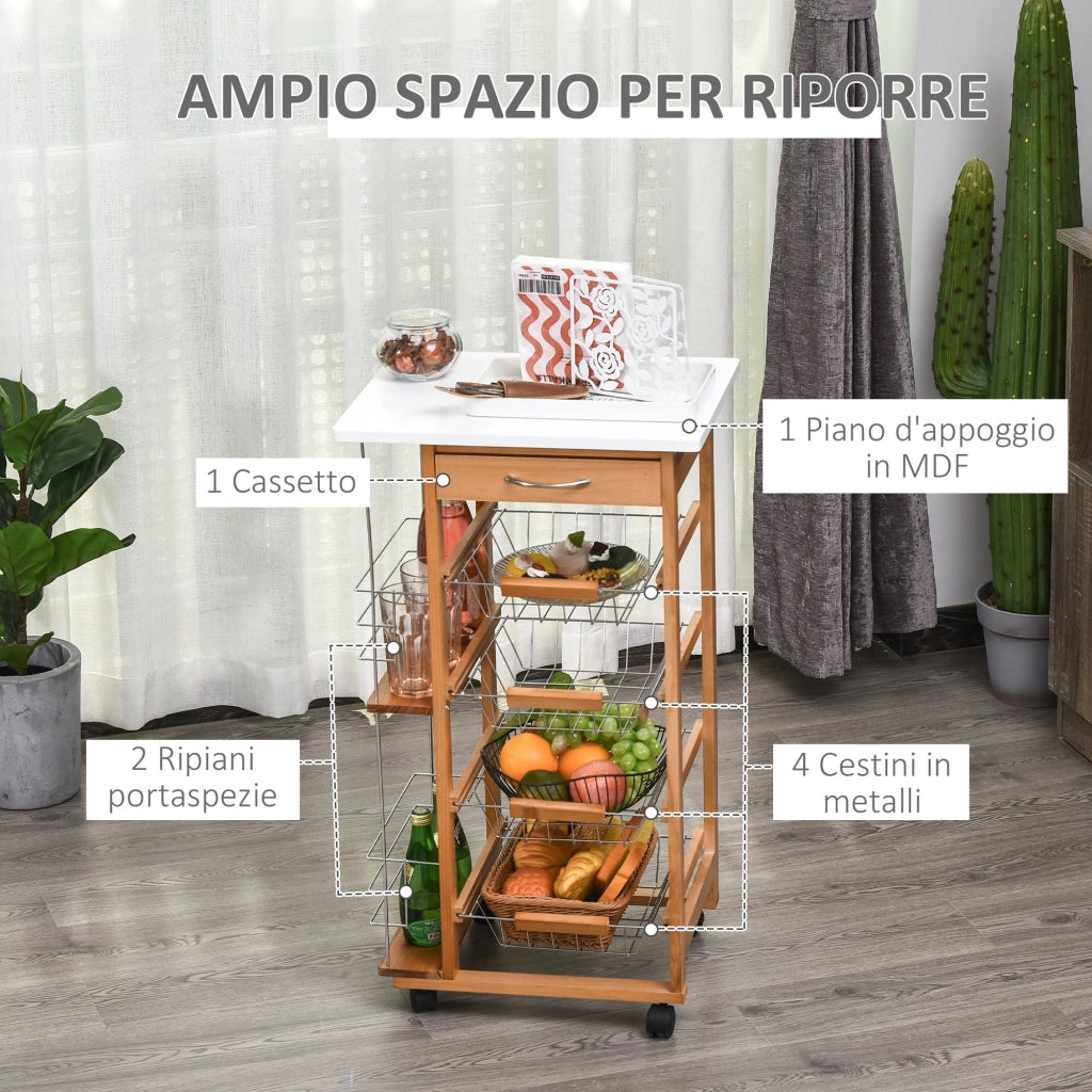 EasyComfort Carrello da Cucina con 1 Cassetto, 4 Cestelli Metallici e 2 Ripiani Portaspezie in Legno 47 x 37 x 83 cm Marrone