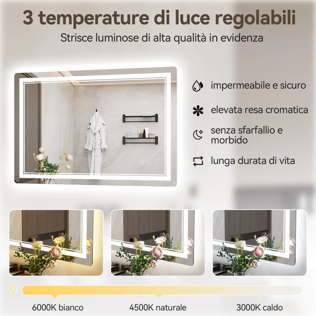 Specchio da Bagno LED 80x60cm - RATTANTREE - Specchio per il Trucco con Illuminazione a 3 colore con controllo a sfioramento - Specchio da Bagno Antiappannamento