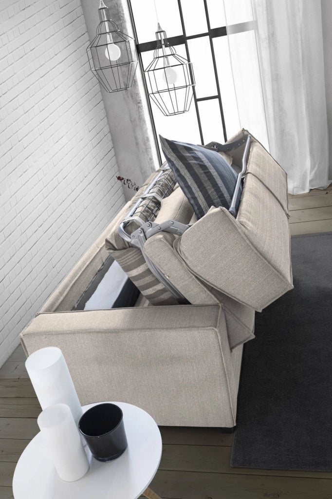 Divano Letto Alk, Divano a 2 posti, Made in Italy, SofÒ  Soggiorno con apertura girevole, in tessuto imbottito, con Braccioli slim, cm 160x95h90, Tortora