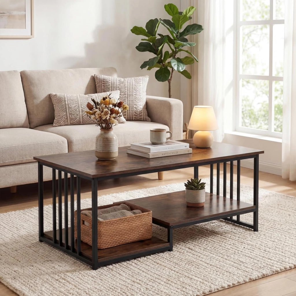 Tavolino Salotto Rettangolare, Tavolino da Salotto a 2 Livelli con Ripiano e Mensola Aperta, Gambe in Metallo Solido, Mobile Complementare per Salotto, Casa, Ufficio, 110 X 60 X 45 CM (Marrone)