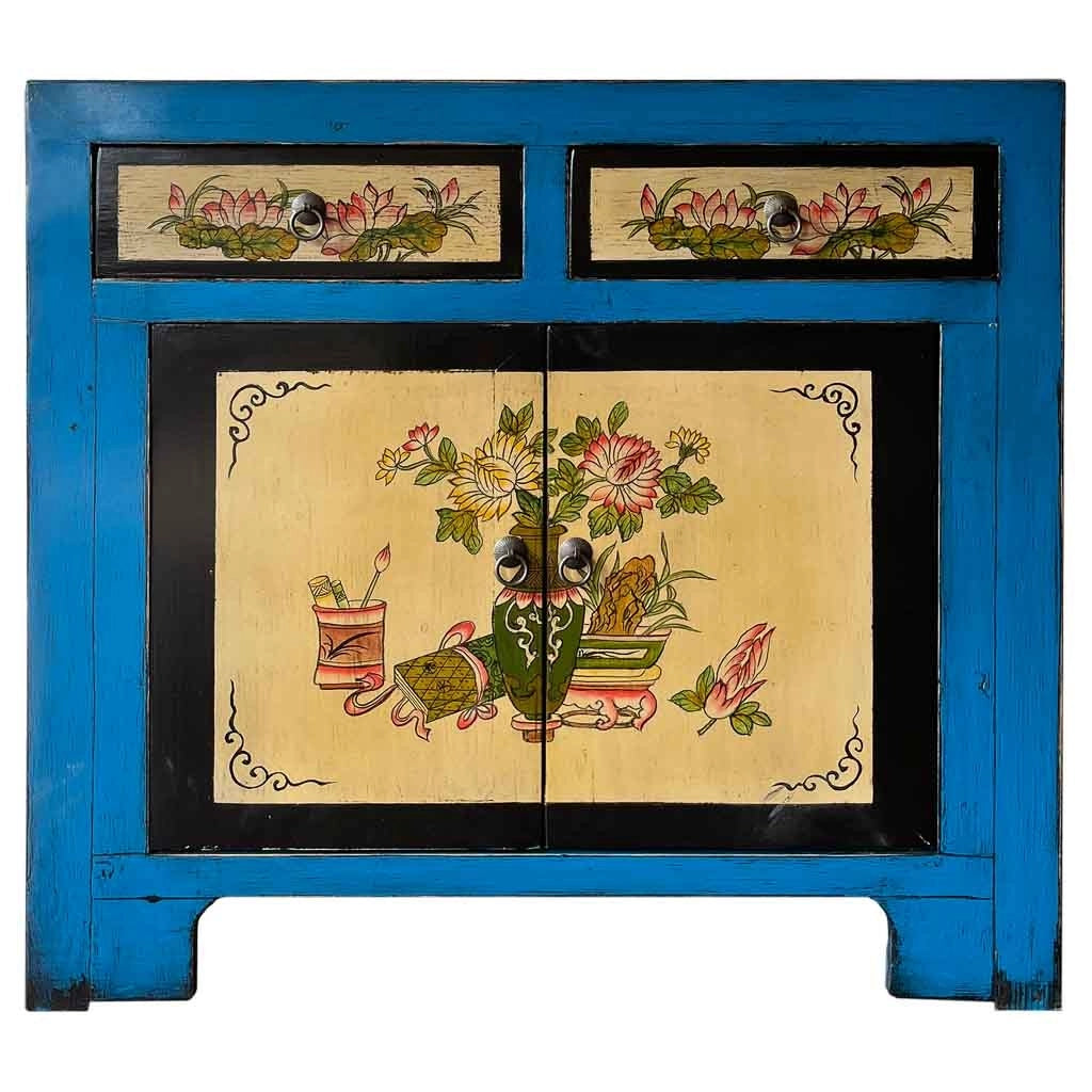 Credenza in legno dipinta a mano blu fatta a mano 90x40x87h cm