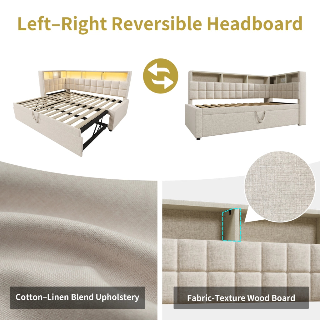 Letto Estraibile 90x200 cm; USB; Type-C; Bluetooth e LED Regolabile - Beige