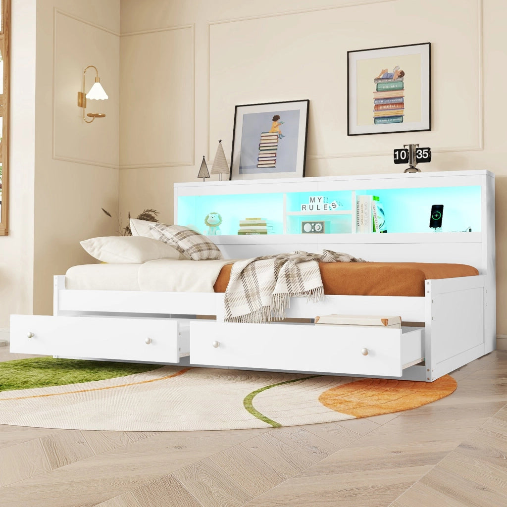 LETTO Daybed 90x200 cm con 2 cassetti, USB e LED Bianco