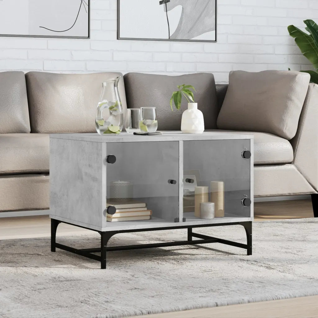 Tavolino salotto | Tavolino da caff¨¨ | Tavolino da Soggiorno con Ante in Vetro Grigio Cemento 68,5x50x50 cm