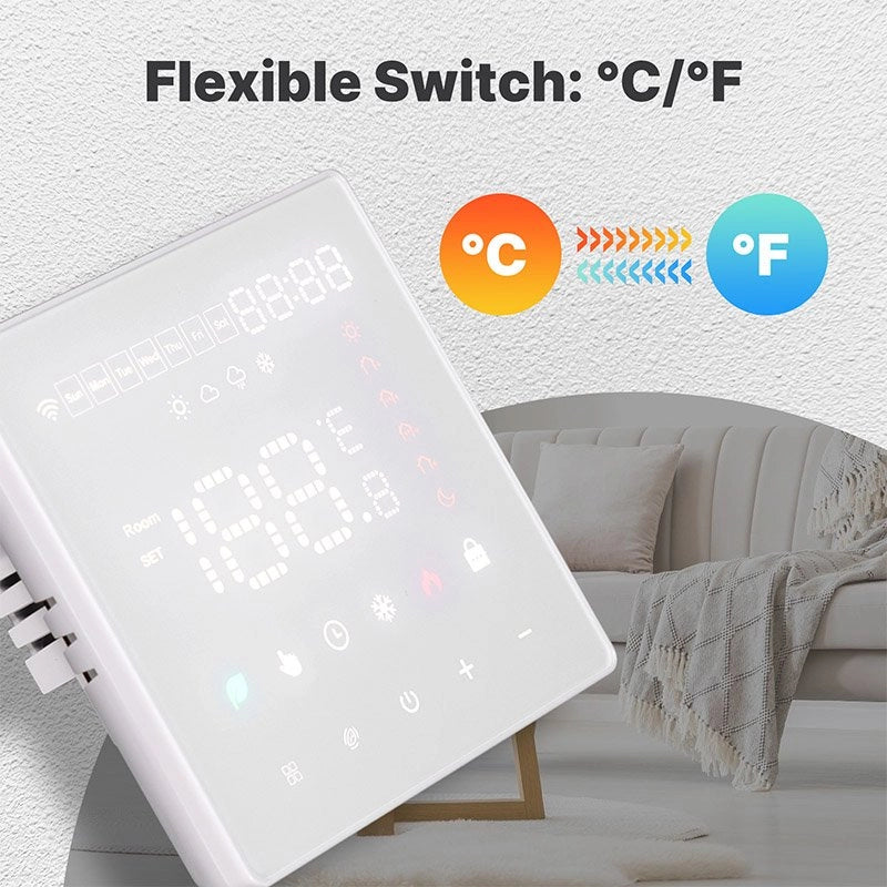 Termostato WIFI Touch Protocollo WIFI 2.4G TUYA, Smart Life Quadrata Compatibile Con Scatola 502 Riscaldamento Caldaia a Gas Riscaldamento Pavimento Con Acqua Bianco 3A 100-250V IP20