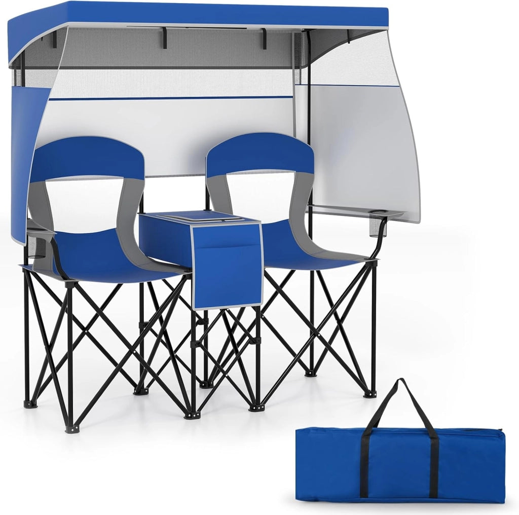 Set di 2 sedie da campeggio pieghevoli con tettuccio parasole, mini tavolo, borsa termica e porta bevande, sedia pieghevole per 2 persone, modello 2 blu scuro