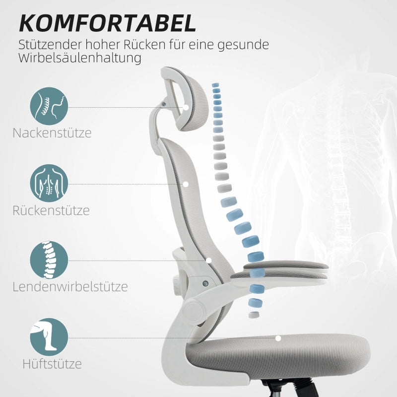 Sedia da ufficio ergonomica con braccioli pieghevoli e funzione dondolo in poliestere grigio 58 × 30 × 57 cm