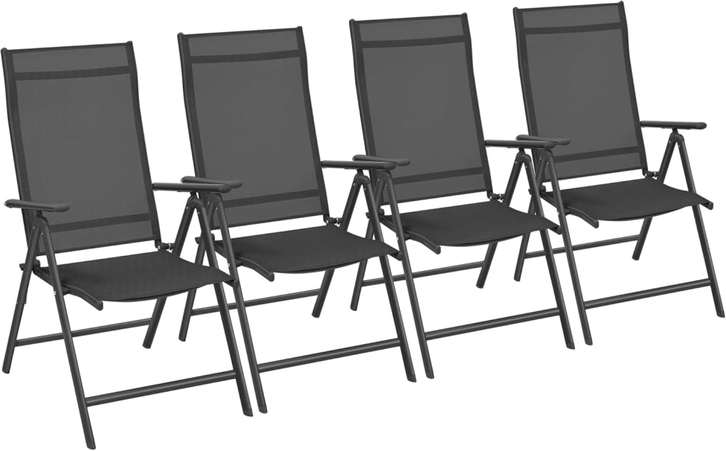 SONGMICS GCB30BK - Sedia da giardino, pieghevole, set da 4, con telaio in metallo, schienale regolabile in 8 posizioni, capacità di carico 150 kg, colore: nero