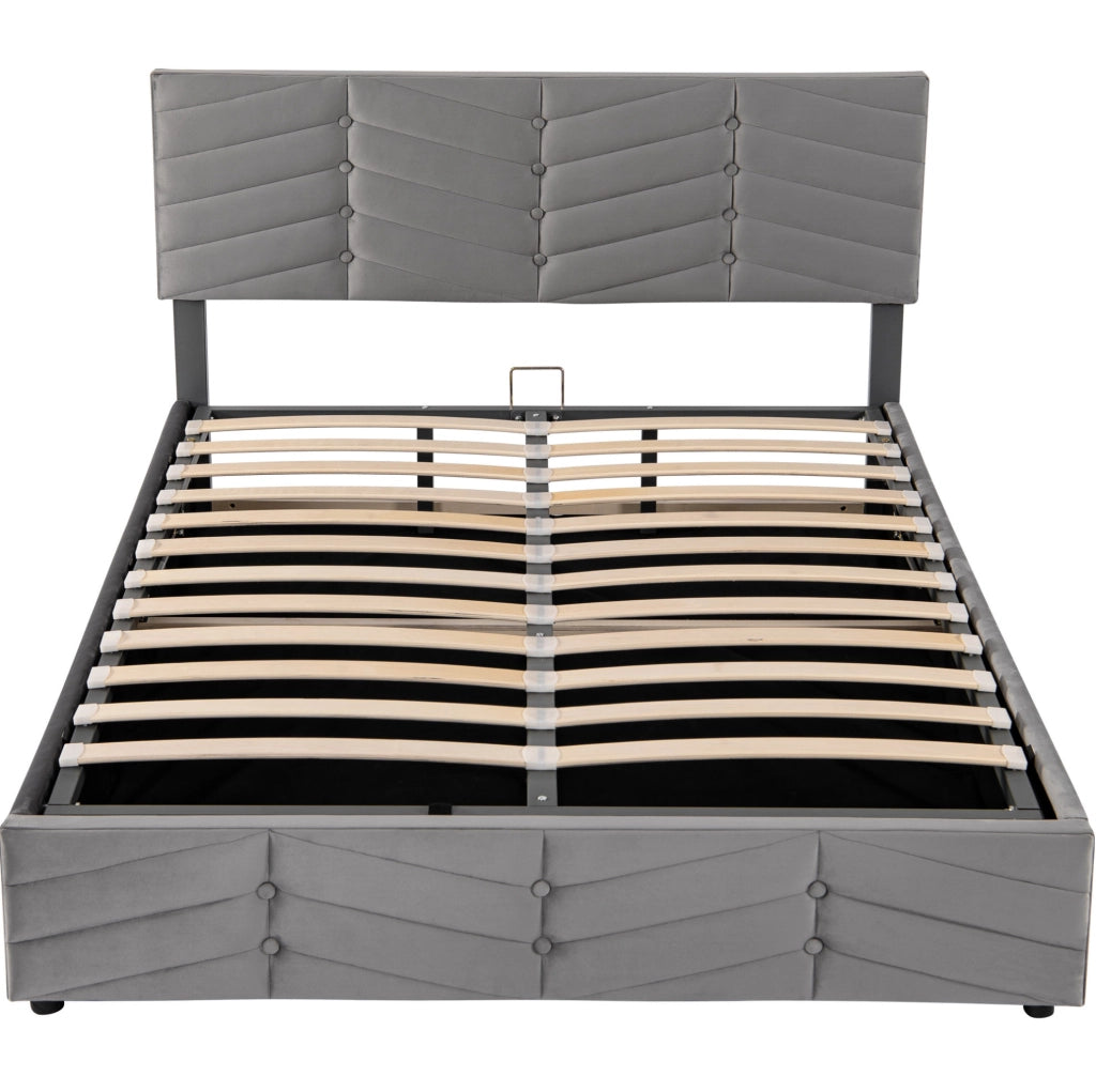 Letto imbottito matrimoniale 140x200 in velluto grigio con contenitore e testiera regolabile