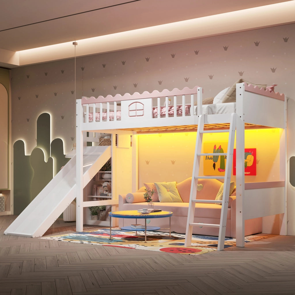 Letto a soppalco per bambini 90x200 cm con scivolo e LED