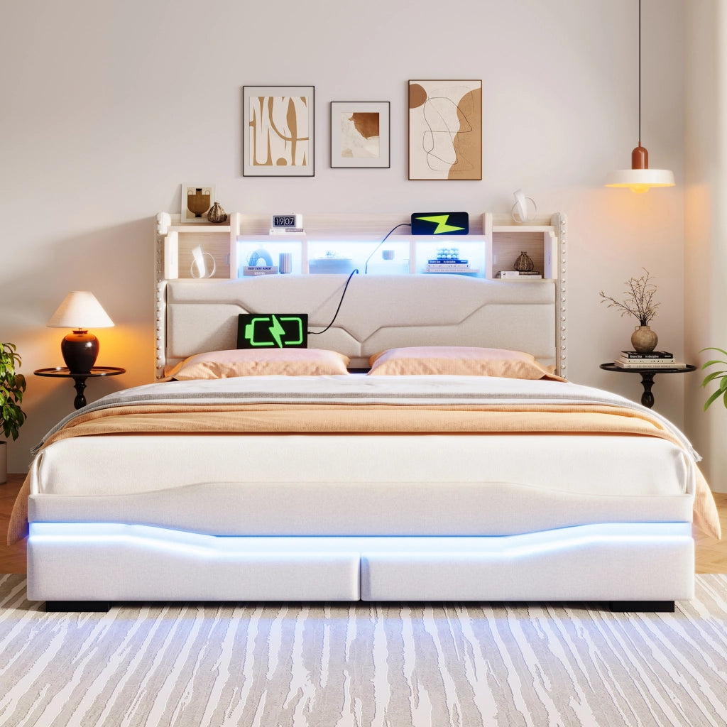OKWISH Letto Contenitore 160×200 cm, Letto Matrimoniale con USB e Tipo C, LED Regolabile e Vano Contenitore, senza Materasso, in Lino, Beige