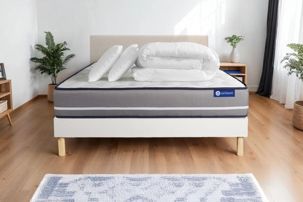 Pacchetto letto completo - Materasso 140x200cm + Box spring con doghe (kit) + 2 cuscini + Piumino - Actiflex Pur