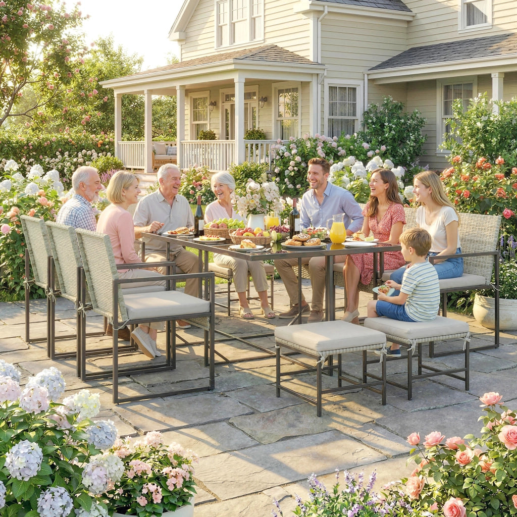Set Pranzo Patio 11 Pezzi, Mobili Esterno Con 6 Poltrone, 4 Pouf, Grigio