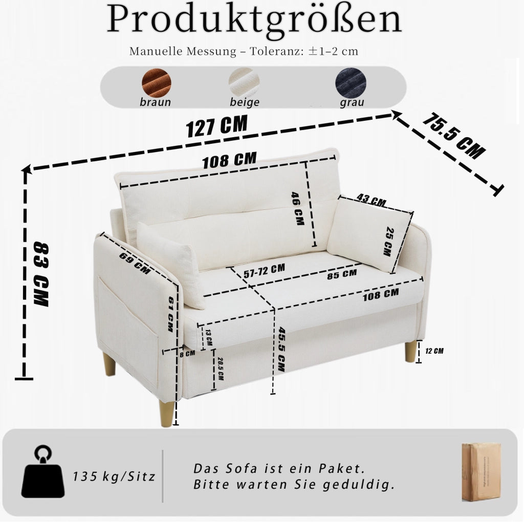 Divano 2 posti in tessuto chenille beige 127x75,5x83 cm con braccioli, tasche laterali e cuscini