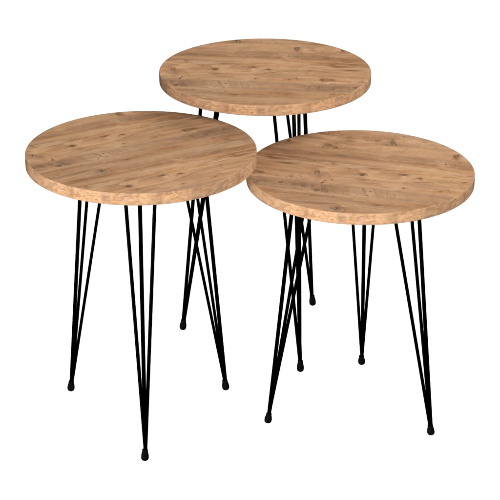 Set 'Ry' di 3 Tavolini Bassi da Salotto Tavolini in Altezze Diverse Gambe a Forcina e Piano Rotondo - Effetto Legno / Nero [en.casa]