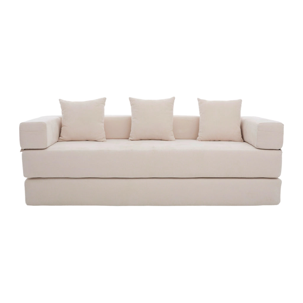 Divano modulare in tessuto Chenille beige con tasche laterali, base antiscivolo e struttura DIY