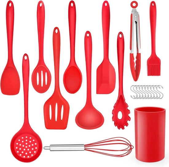 Set di accessori per cucina, 22 pezzi di utensili in silicone per cucina con contenitore per utensili, posate in silicone resistenti al calore, accessori per cucina, materiale salutare e con rivestimento antiaderente, resistente alla lavastoviglie, rosso