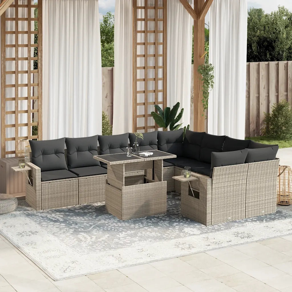 Set Divano Giardino 10 pz con Cuscini Grigio Chiaro Polyrattan