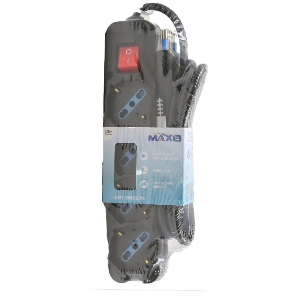 Trade Shop - Multipresa 4 Uscite Universali Schuko Spina 16a Cavo 1.5mt Nero Interrutore 80097n -