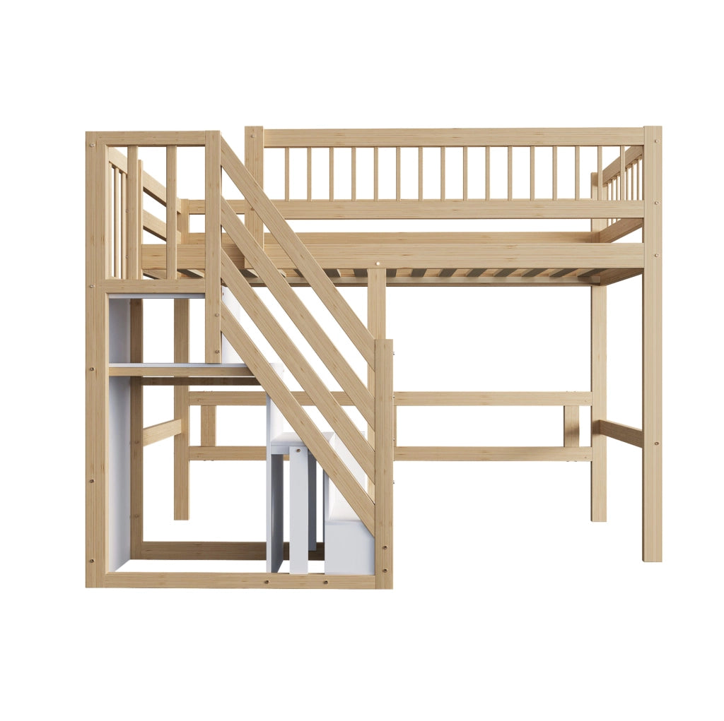 Letto a soppalco 90x200 cm con scala contenitore in legno colore naturale
