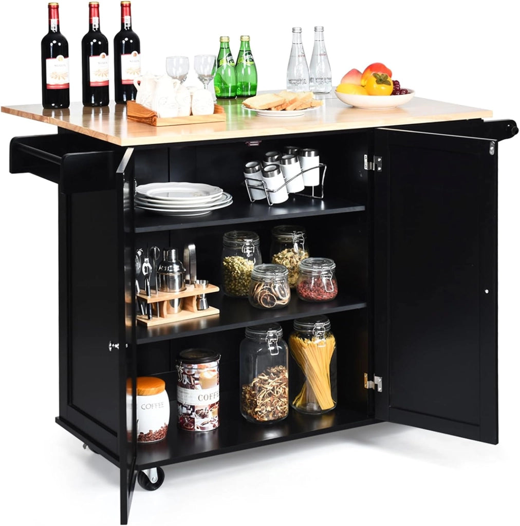 Carrello da Cucina in Legno, Carrello Isola Cucina con Ripiano Ribaltabile, Ruote, 3 Cassetti e Armadietto, Porta Spezie e Asciugamani, 129,5x76x93 cm