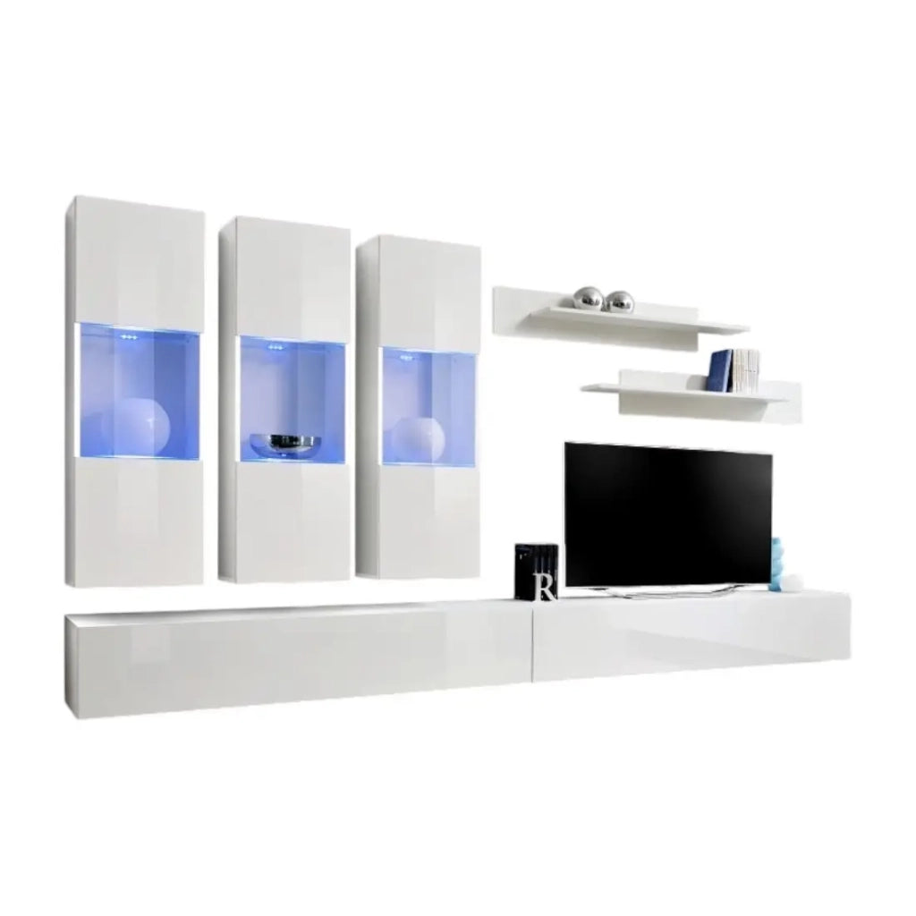 Mobile TV FLY E2 design, colore bianco lucido. Mobile sospeso moderno e alla moda per il tuo soggiorno.