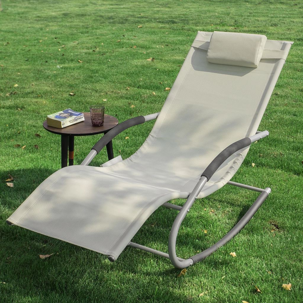 SoBuy Lettino Sdraio da Giardino a Dondolo - Sedia a Dondolo da Esterno in Textilene Beige con Telaio in Metallo, 150x63x87cm, Lettino Prendisole per Terrazza, Piscina, Patio, OGS28-MI