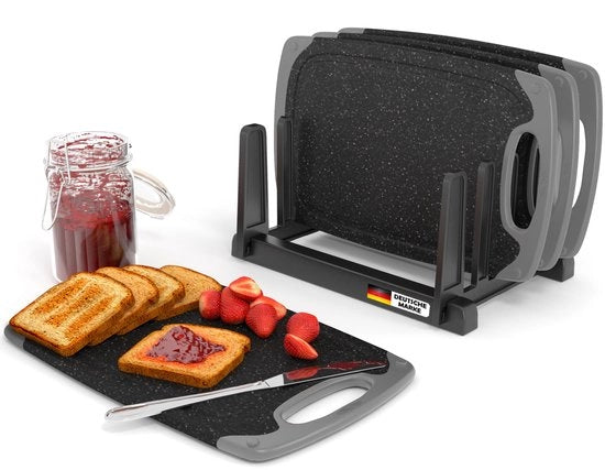 Set di appendi asciugamani da cucina da 4 pezzi con supporto standard nero, 25x15 cm, resistente al lavastoviglie, con superficie antiscivolo su entrambi i lati con canale per il succo e maniglia, piastra di taglio piccola in plastica nera, antibatterico