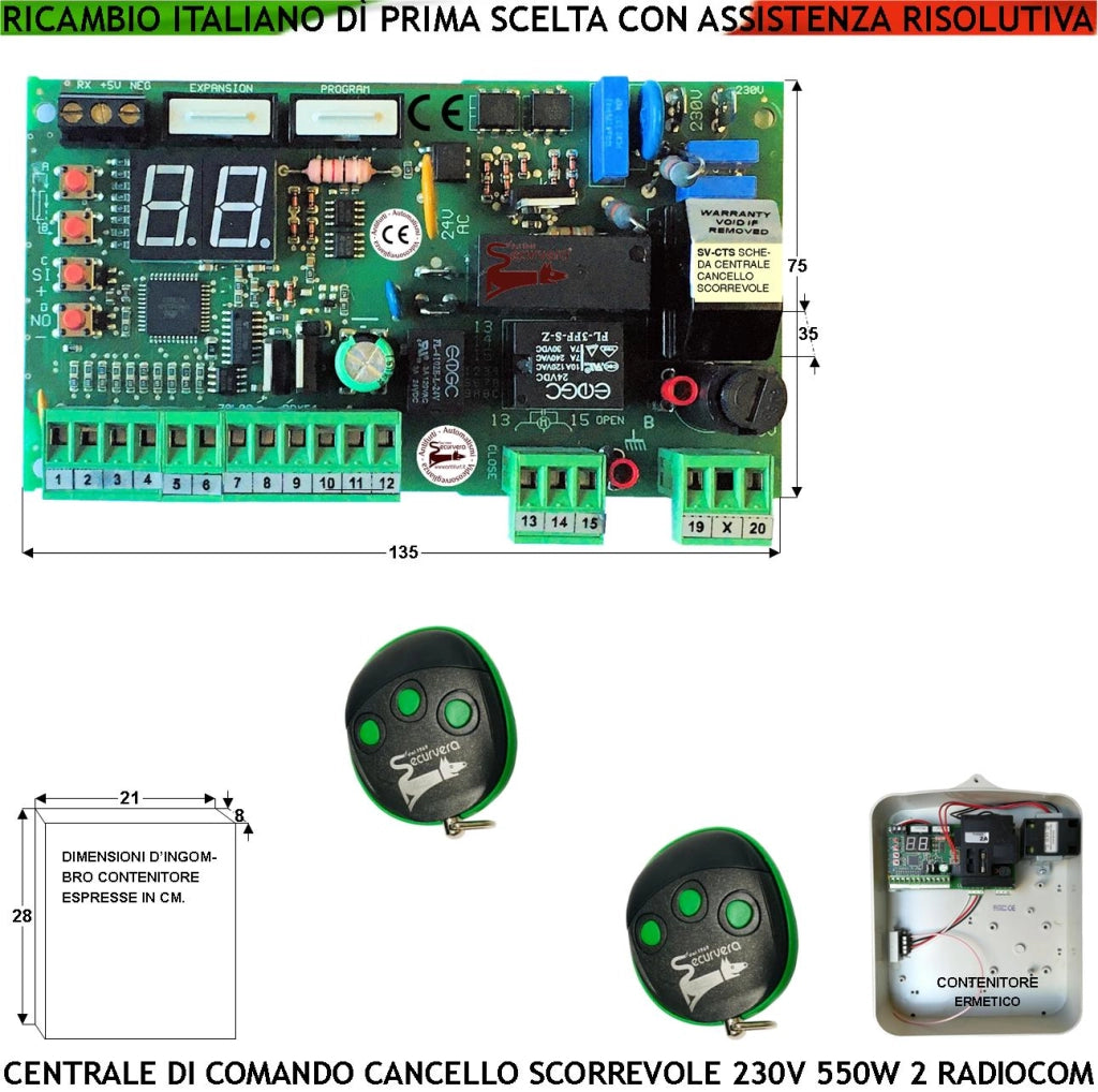 Centrale Universale Per Cancello Scorrevole 230 V 550 W 2 Radiocomandi Funzioni Programmabili Display Forza Lavoro Rallentamenti Rileva Ostacolo Apertura Condominiale Pedonale 99 Codici Stealth IP55