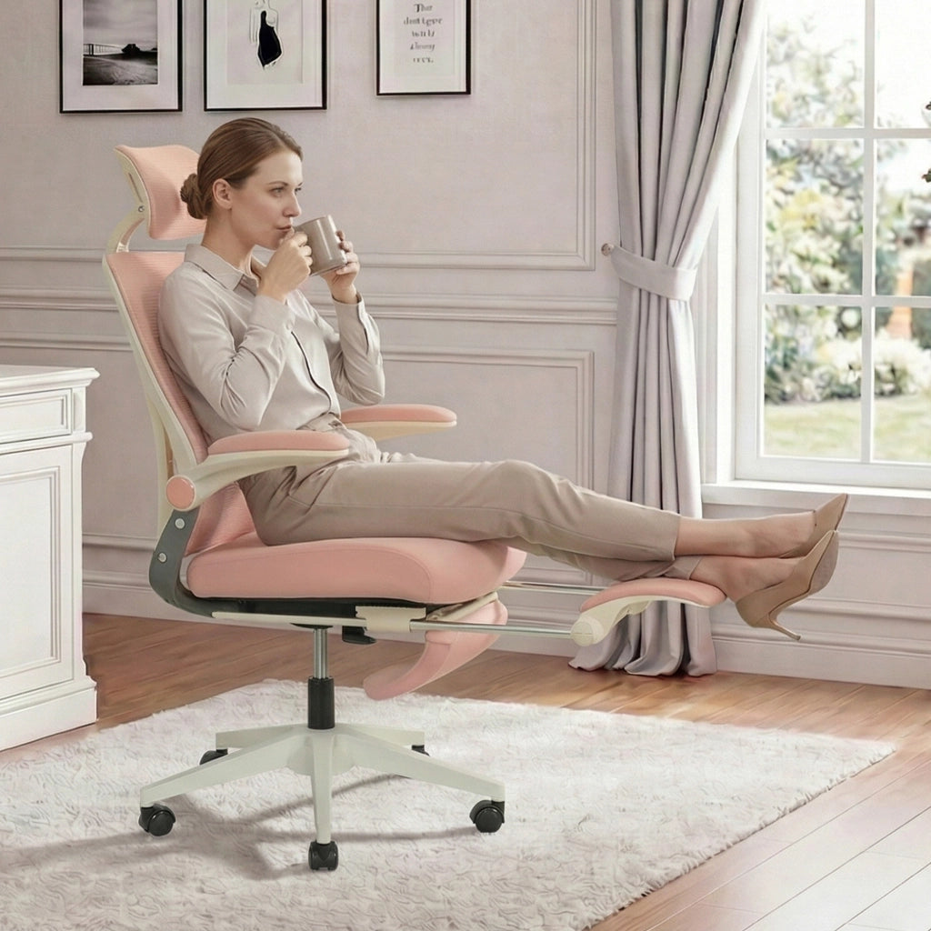 Sedia da ufficio ergonomica pieghevole con poggiatesta 3D e supporto lombare in mesh rosa 65 × 61 × 40.5 cm