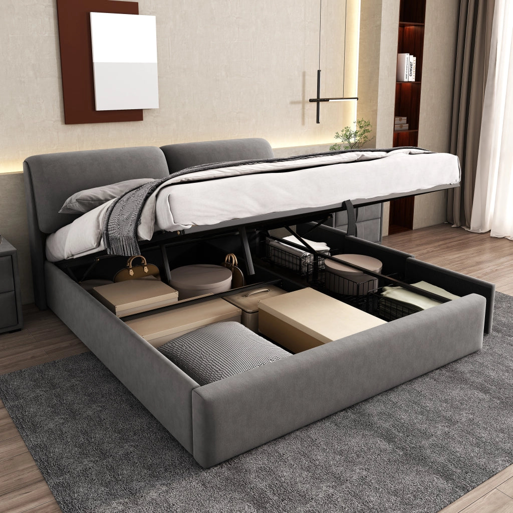 Letto imbottito 160x200 cm in velluto grigio con contenitore, 3 cassetti, testiera regolabile e rete a doghe