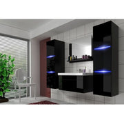 Set di mobili da bagno neri, collezione RAVEN. 2 colonne, mobile sottolavabo, lavabo 60 cm, specchio, sifone e LED.