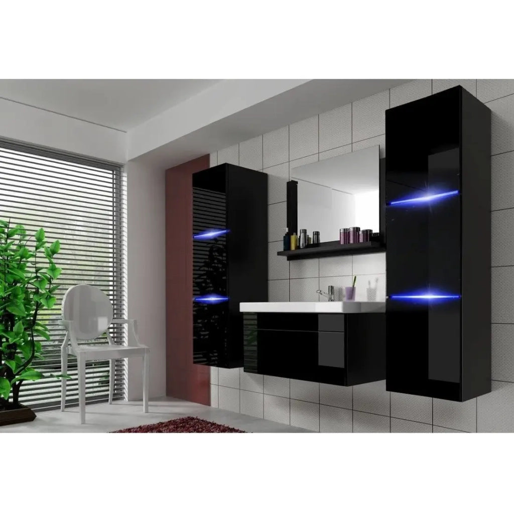 Set di mobili da bagno neri, collezione RAVEN. 2 colonne, mobile sottolavabo, lavabo 60 cm, specchio, sifone e LED.