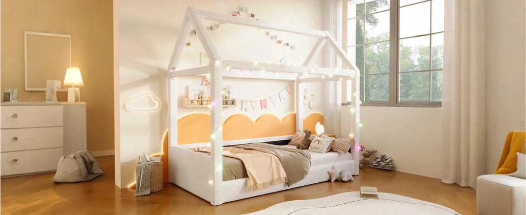 DESMIU Letto a casetta singolo con LED regolabile, 90 × 200 cm, senza materasso, in tessuto e MDF, beige