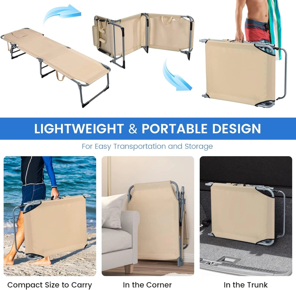 Sedia a Sdraio Pieghevole con Foro di Lettura, Lettino da Sole Reclinabile Ergonomia Cuscino Rimovibile 5 Posizioni Regolabili, Lettino da Giardino, Beige, 194x60x36 cm