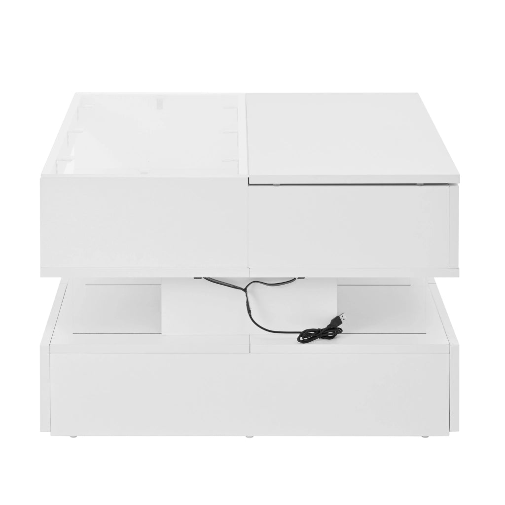 Tavolino da caffè 70x67x57 cm; piano sollevabile con LED a 16 colori; pannelli truciolari bianco