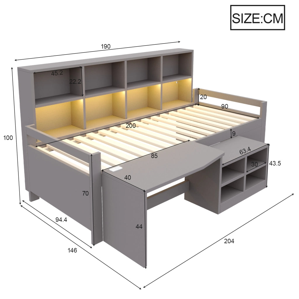 Letto a soppalco per bambini 90 × 200 cm con scrivania, vani portaoggetti, LED, USB e presa, senza materasso