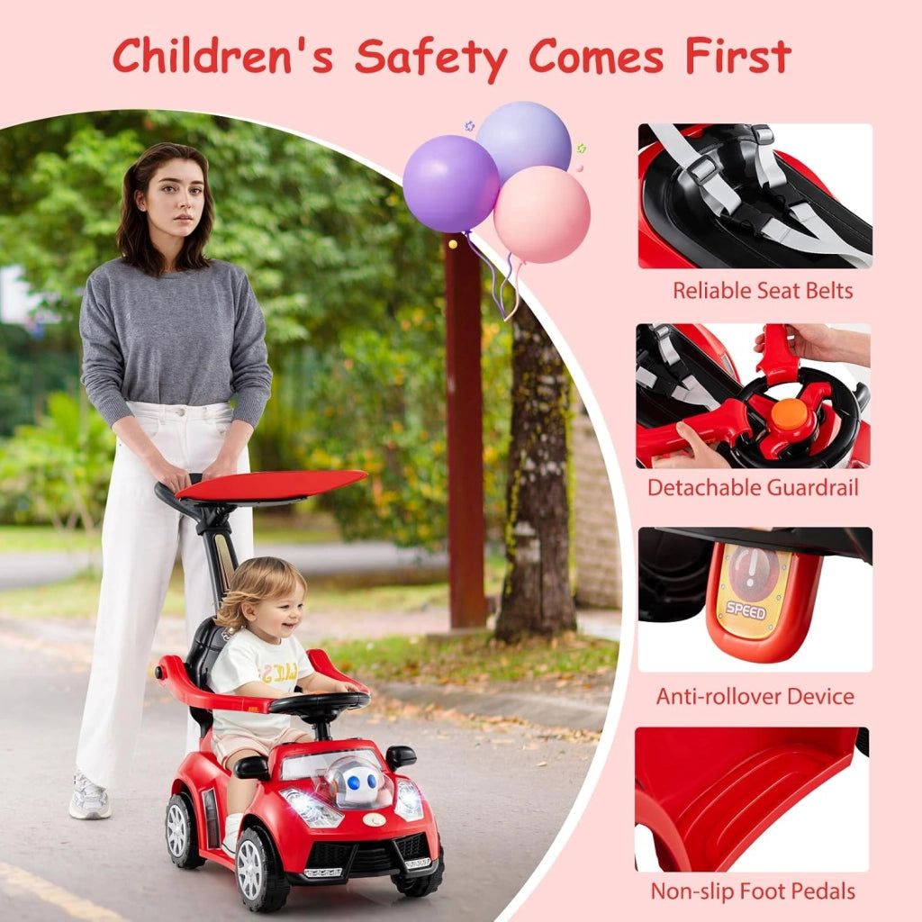 Macchina Cavalcabile per Bambini 1-3 Anni, Cavalcabile Bambino 3 in 1, Carpot & Maniglia Rimovibili, Guida Realistica con Volante, Clacson, Musica, Carico 25 KG, Regalo Ragazza Ragazzo (Rosso)