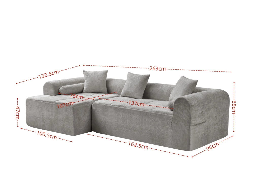 Divano angolare ULEVR 263x132,5x68 cm in tessuto chenille grigio chiaro con tasca laterale