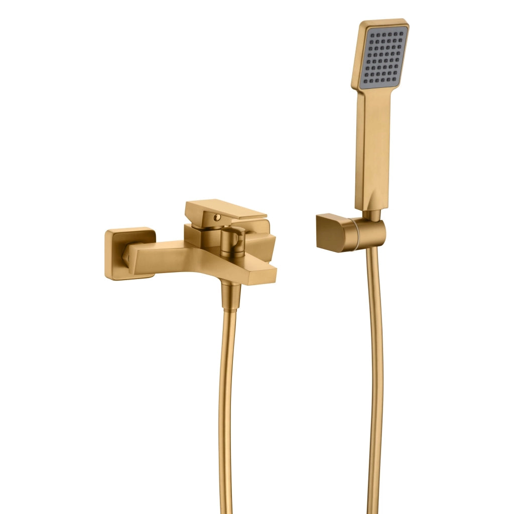 IMEX Miscelatore vasca-doccia corpo ottone finitura oro spazzolato PVD tubo flessibile PVC 180 cm supporto doccia ABS maniglia quadrata cartuccia ceramica Ø35 mm modello Imex-BDAR025-4OC