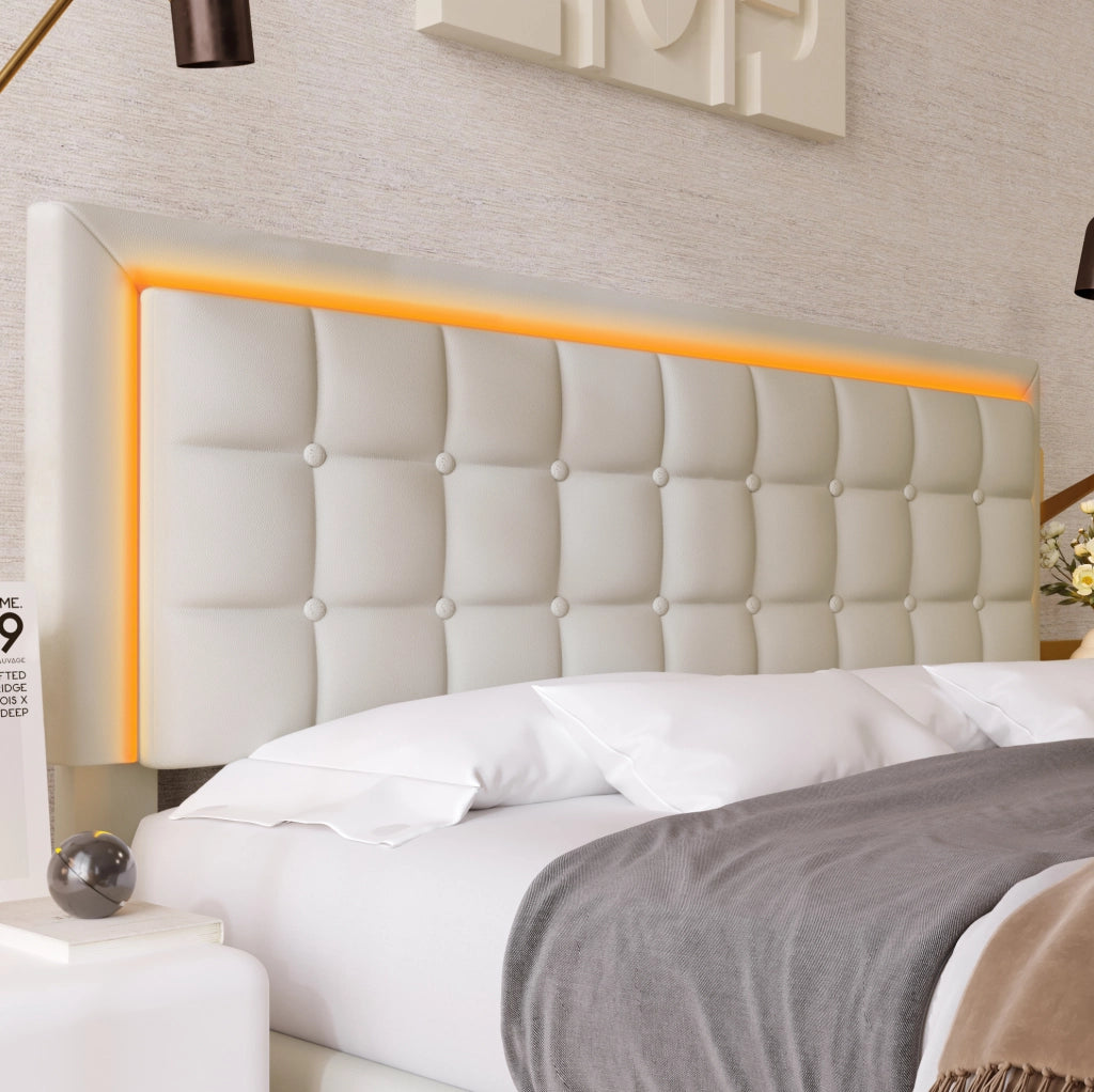Letto matrimoniale 160x200 cm con contenitore; LED e rivestimento in PU bianco
