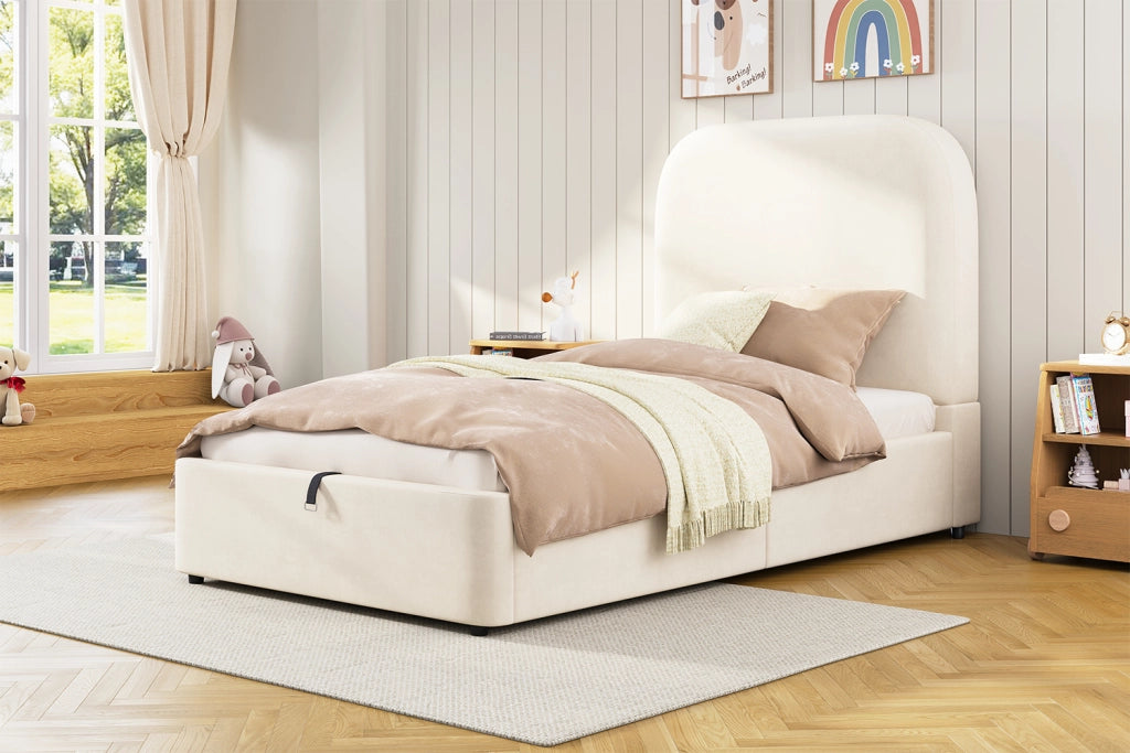 Letto singolo imbottito per bambini 90x200 cm con contenitore idraulico, rete a doghe inclusa, velluto beige