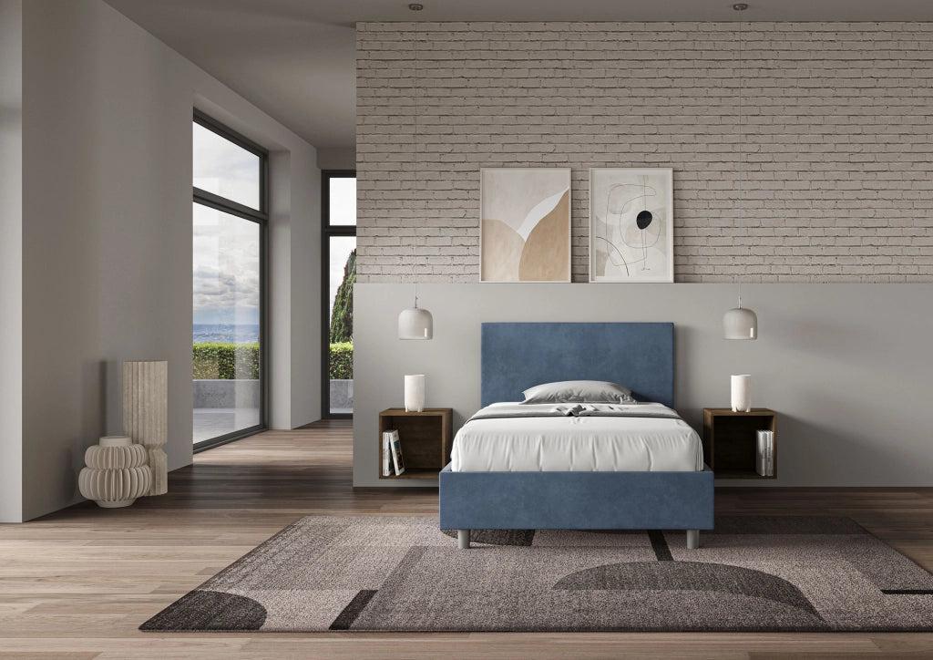 BS COM Letto singolo con rete imbottito 100x190 microfibra blu